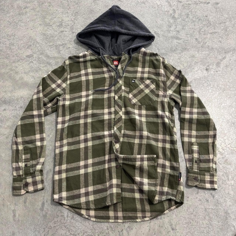 Quiksilver Green Plaid Hooded Button Up Sweatshirt Size Small